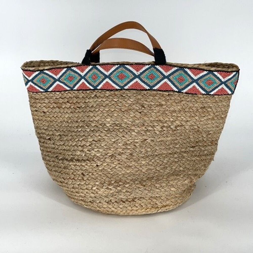 Anthropologie Beaded Tanzana Jute Bag Tote Basket Large